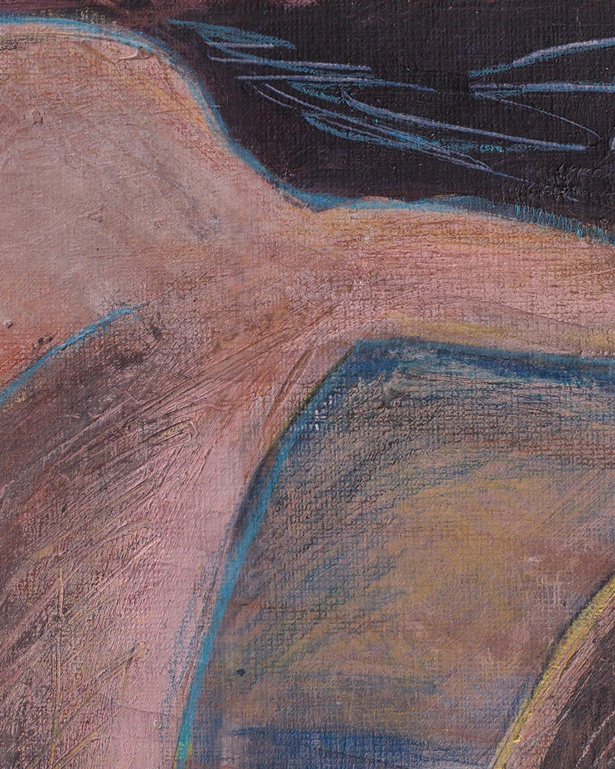 Abstract art with brown, blue, and black colors on a textured surface