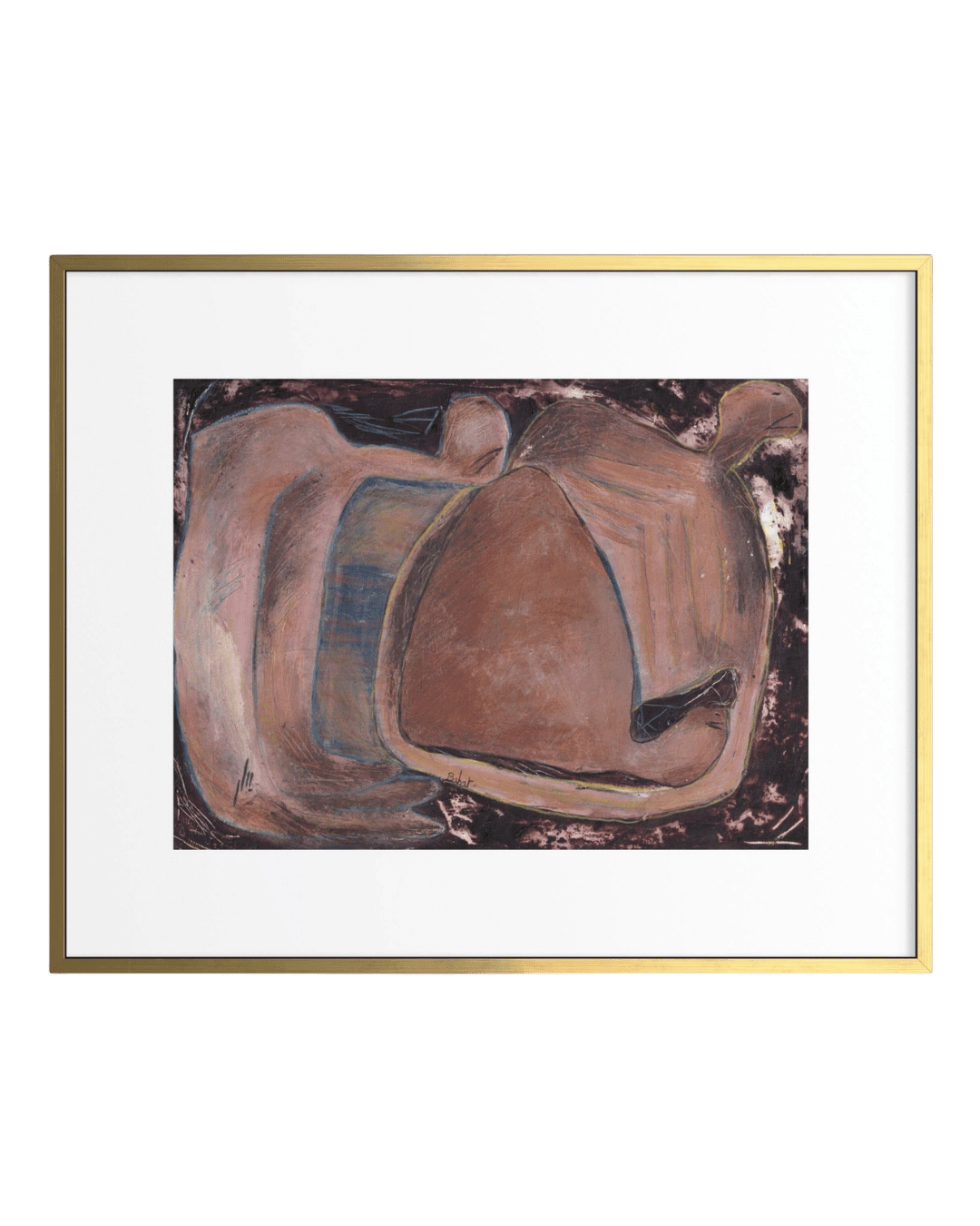 Framed abstract painting with a gold frame on a green background