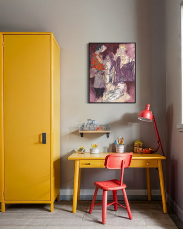 Yellow cabinet, red chair, and desk with a pink lamp in a room with a colorful painting on the wall.