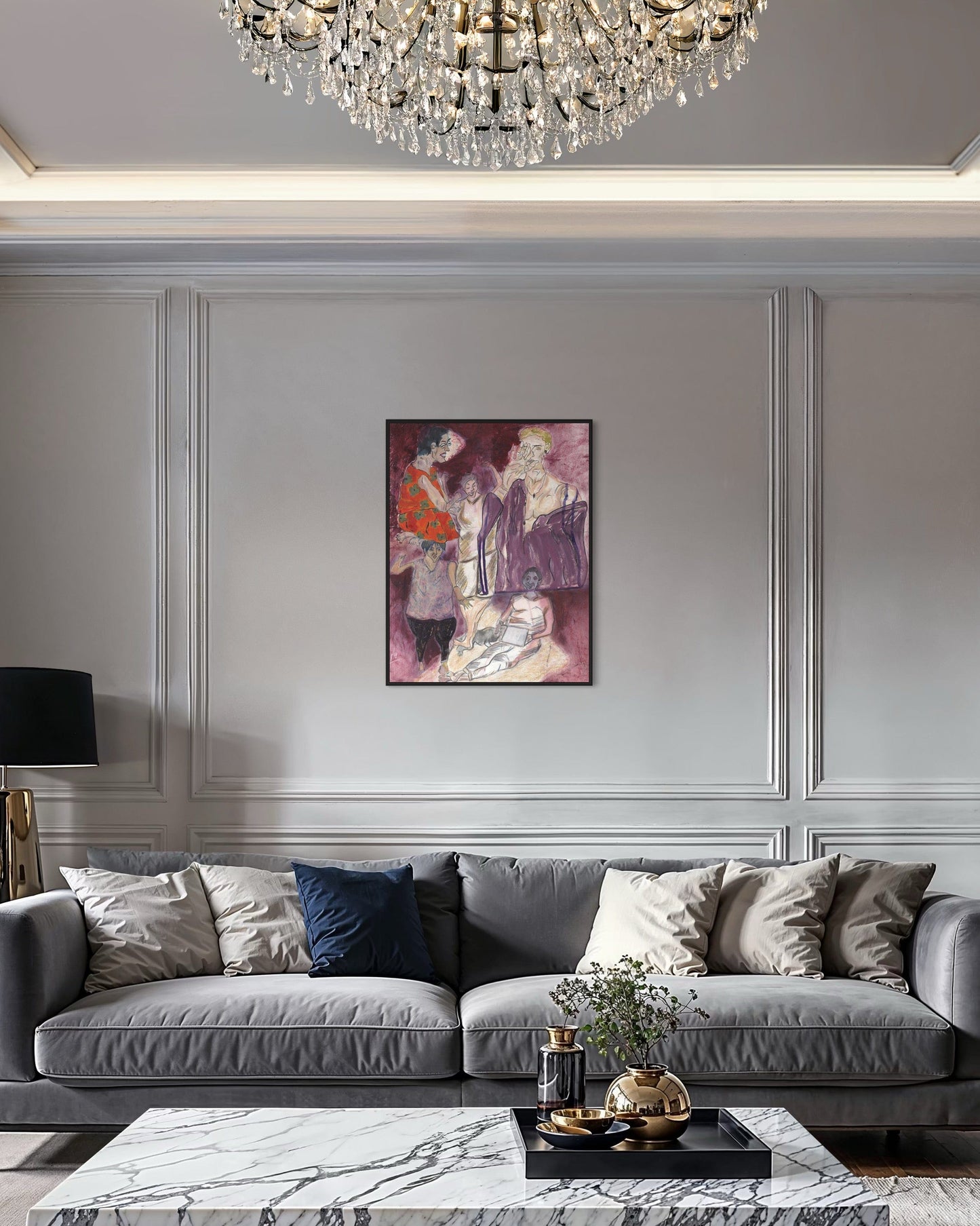 Living room with gray sofa, marble coffee table, and wall art