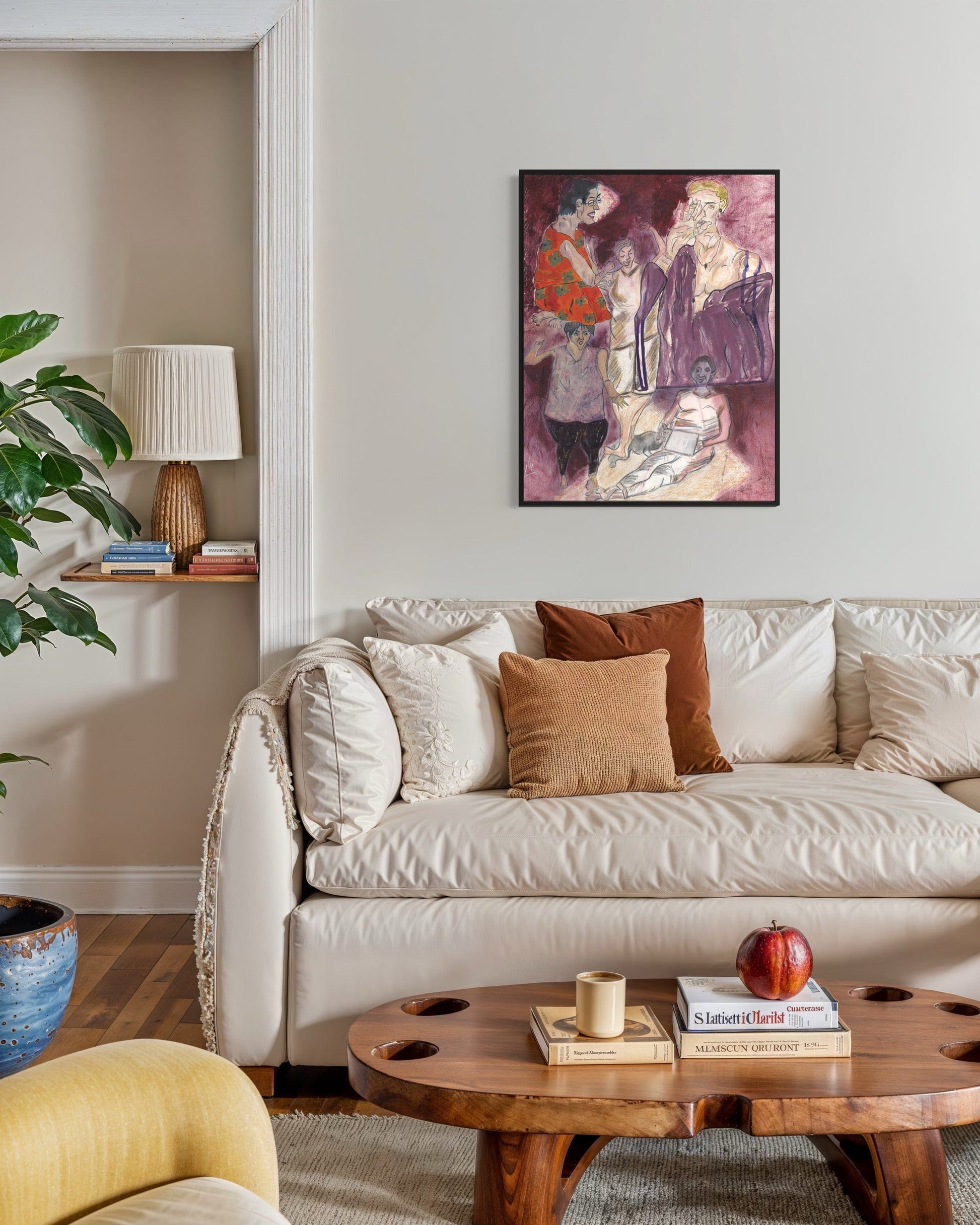 Living room with a beige sofa, wooden coffee table, and colorful painting on the wall.