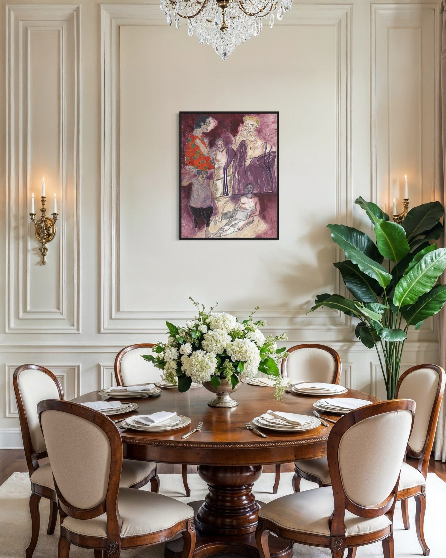 Dining room with wooden table, chairs, and decorative elements.