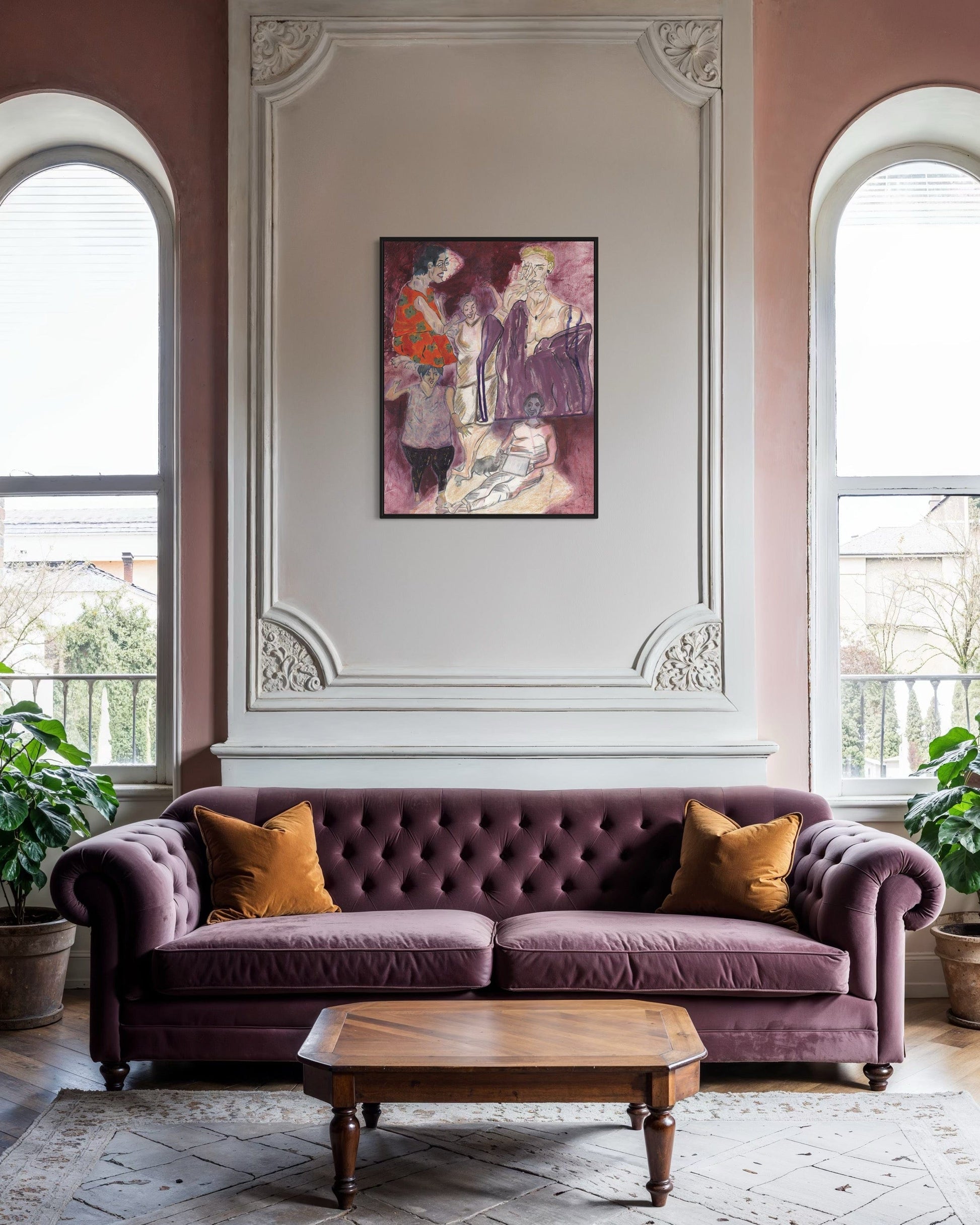 Purple sofa in a room with decorative wall art and large windows.