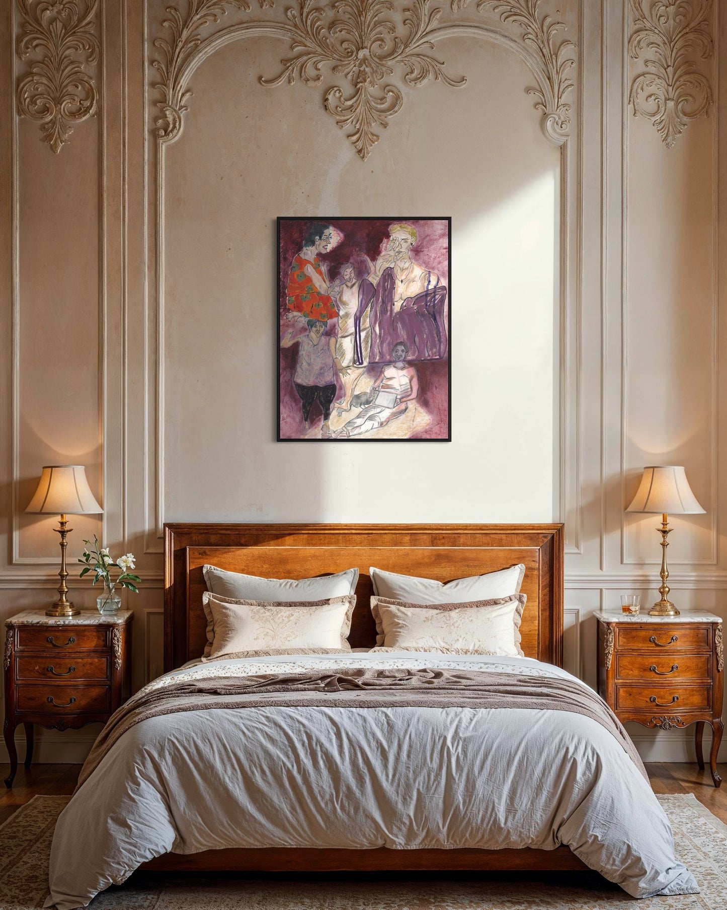 Decorative bedroom with wooden bed, nightstands, and wall art.