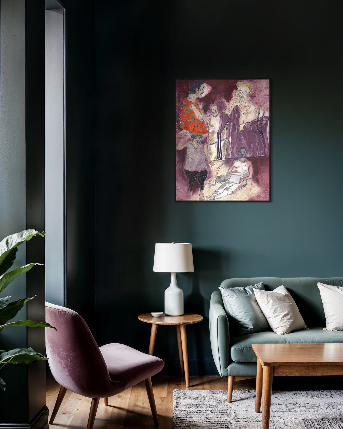 Modern living room with a dark wall, abstract painting, and minimal decor.