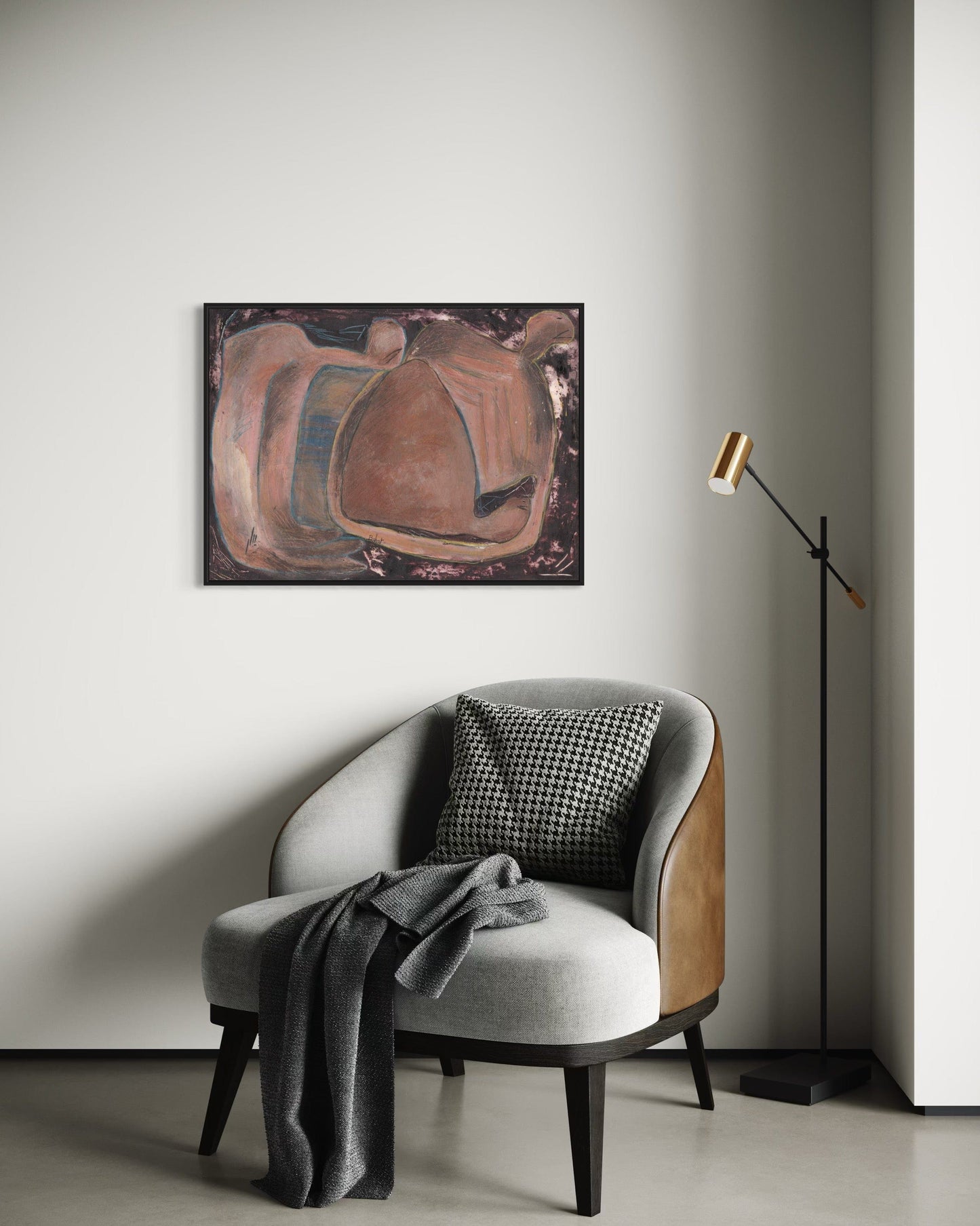Modern interior with a gray armchair, abstract painting, and standing lamp.