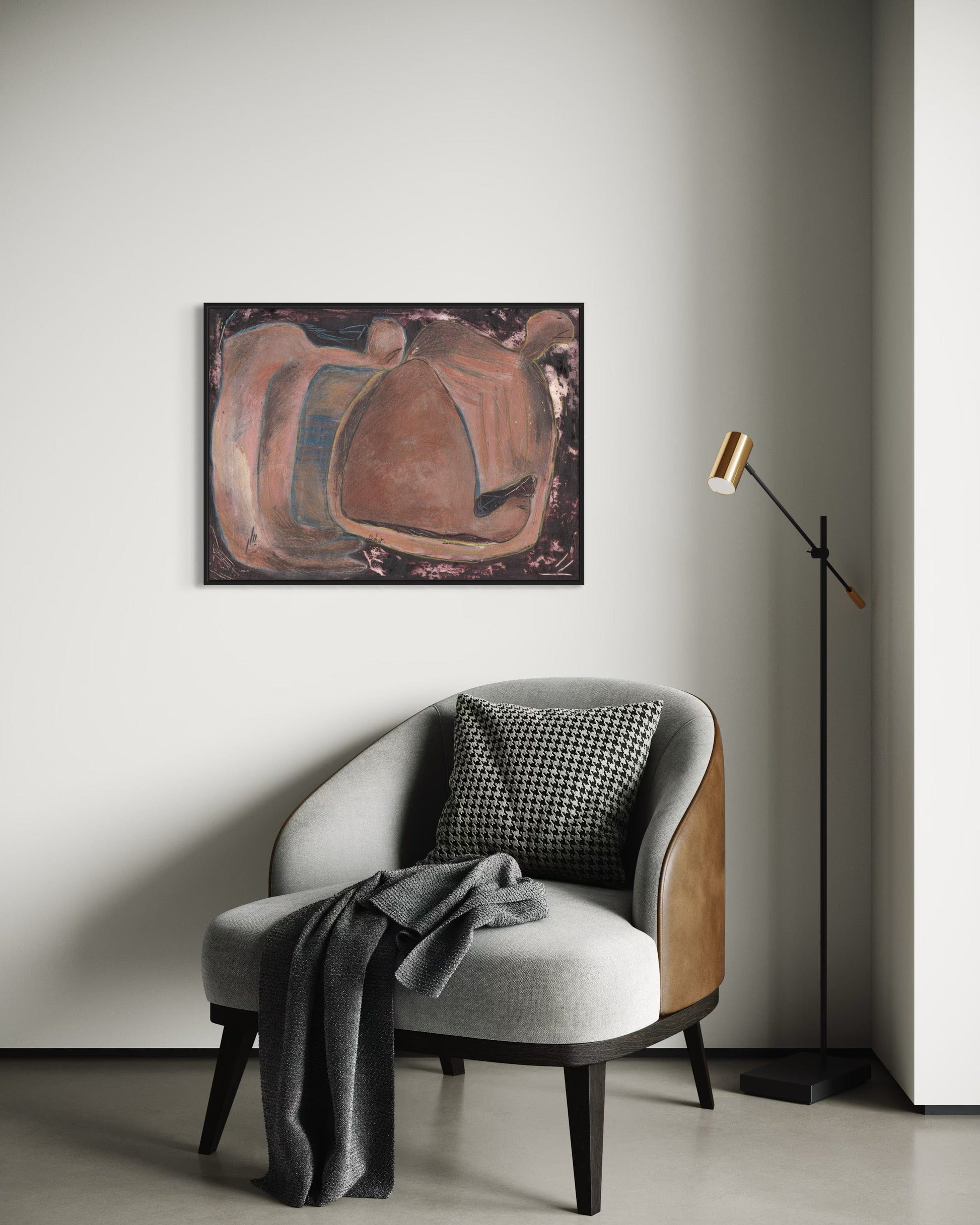 Modern interior with a gray armchair, abstract painting, and standing lamp.