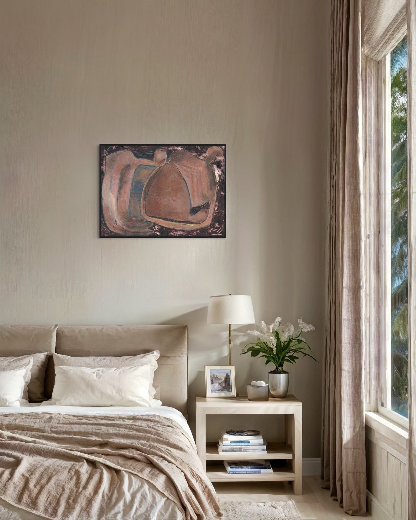 Neatly made bed in a bedroom with a painting on the wall and a lamp on a nightstand.