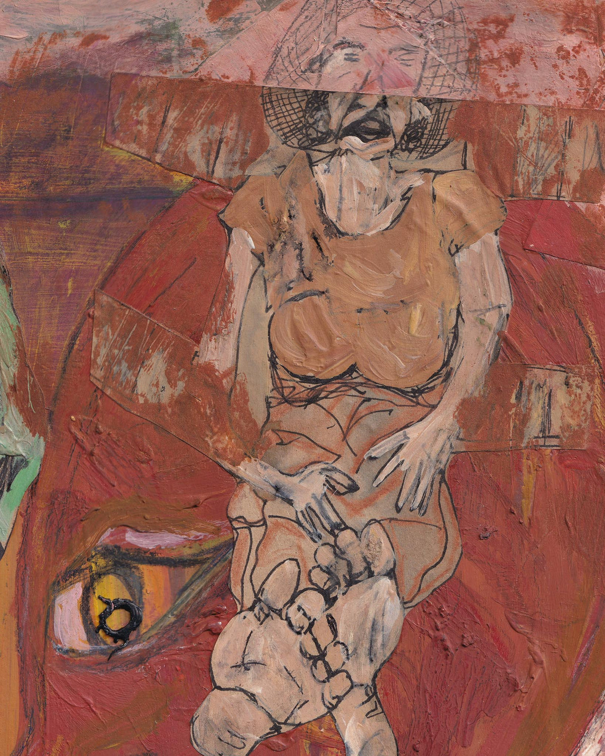Abstract artwork with a figure and eye on a red background