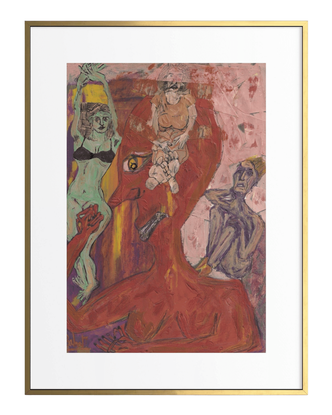 Framed abstract artwork with colorful figures on a white background