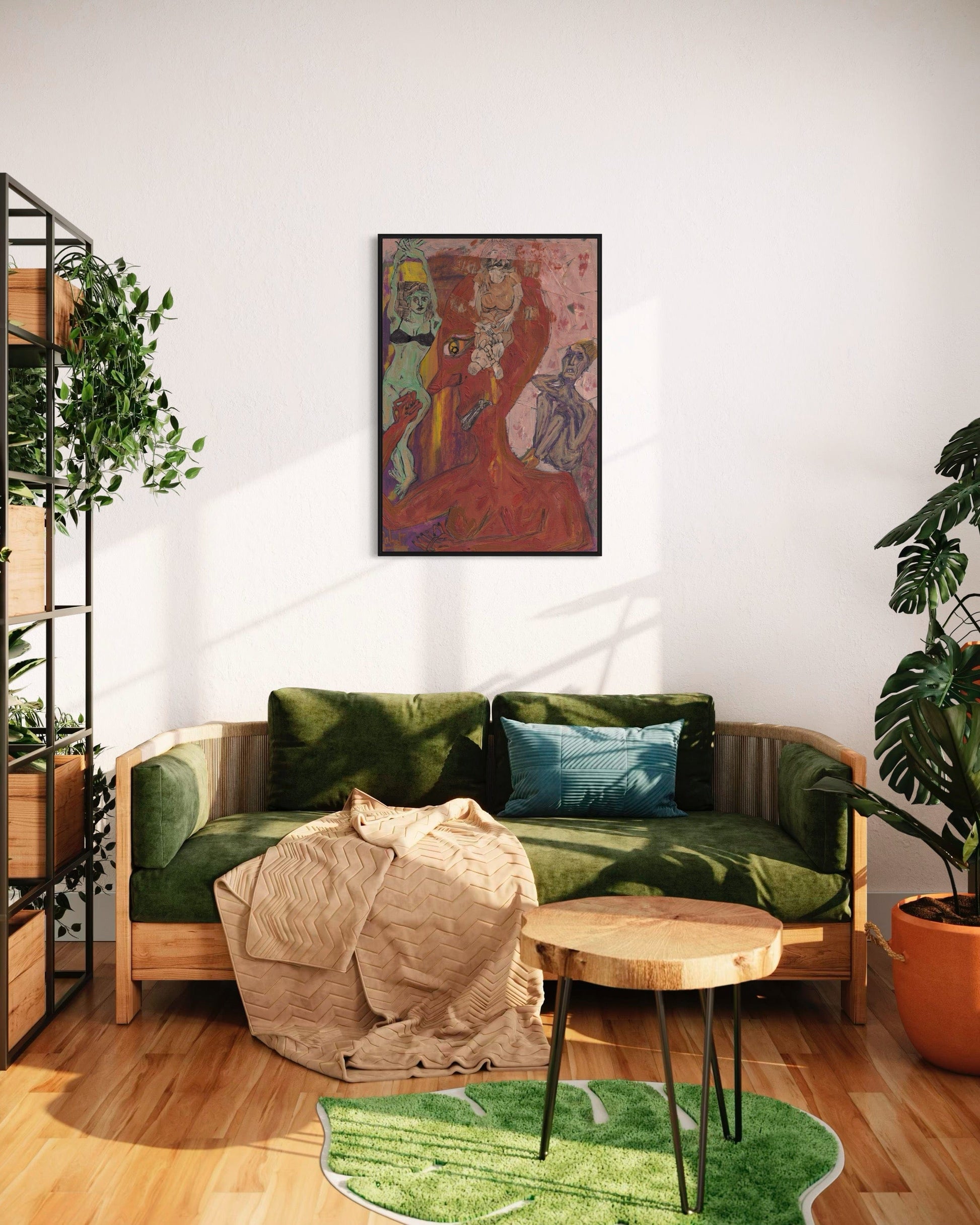 Modern living room with a green sofa, wooden coffee table, and decorative rug.