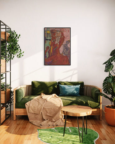Modern living room with a green sofa, wooden coffee table, and decorative rug.