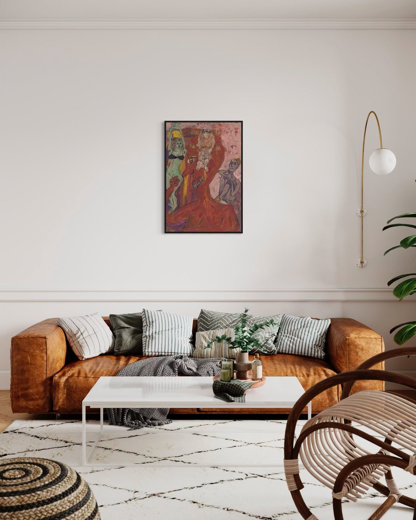 Living room with a brown sofa, coffee table, and decorative items.