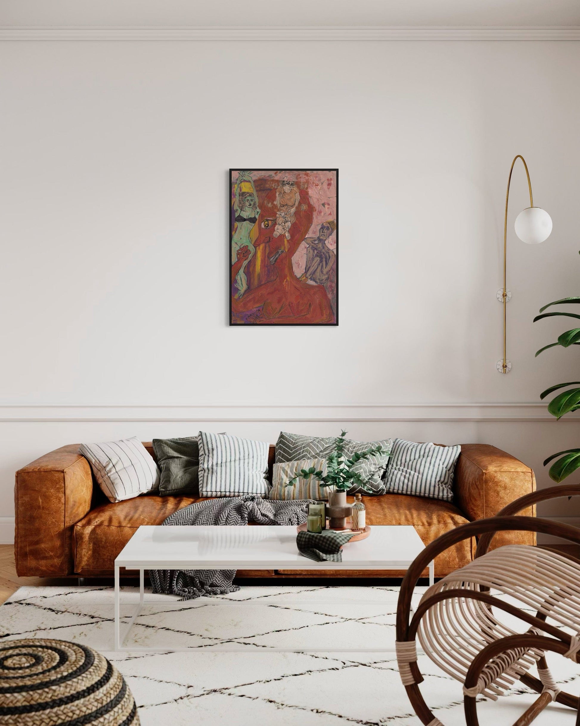 Living room with a brown sofa, coffee table, and decorative items.