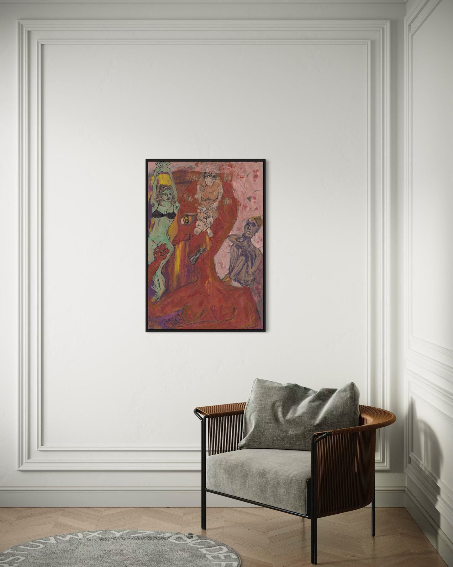 Colorful abstract painting on a wall above a modern chair with a gray cushion.