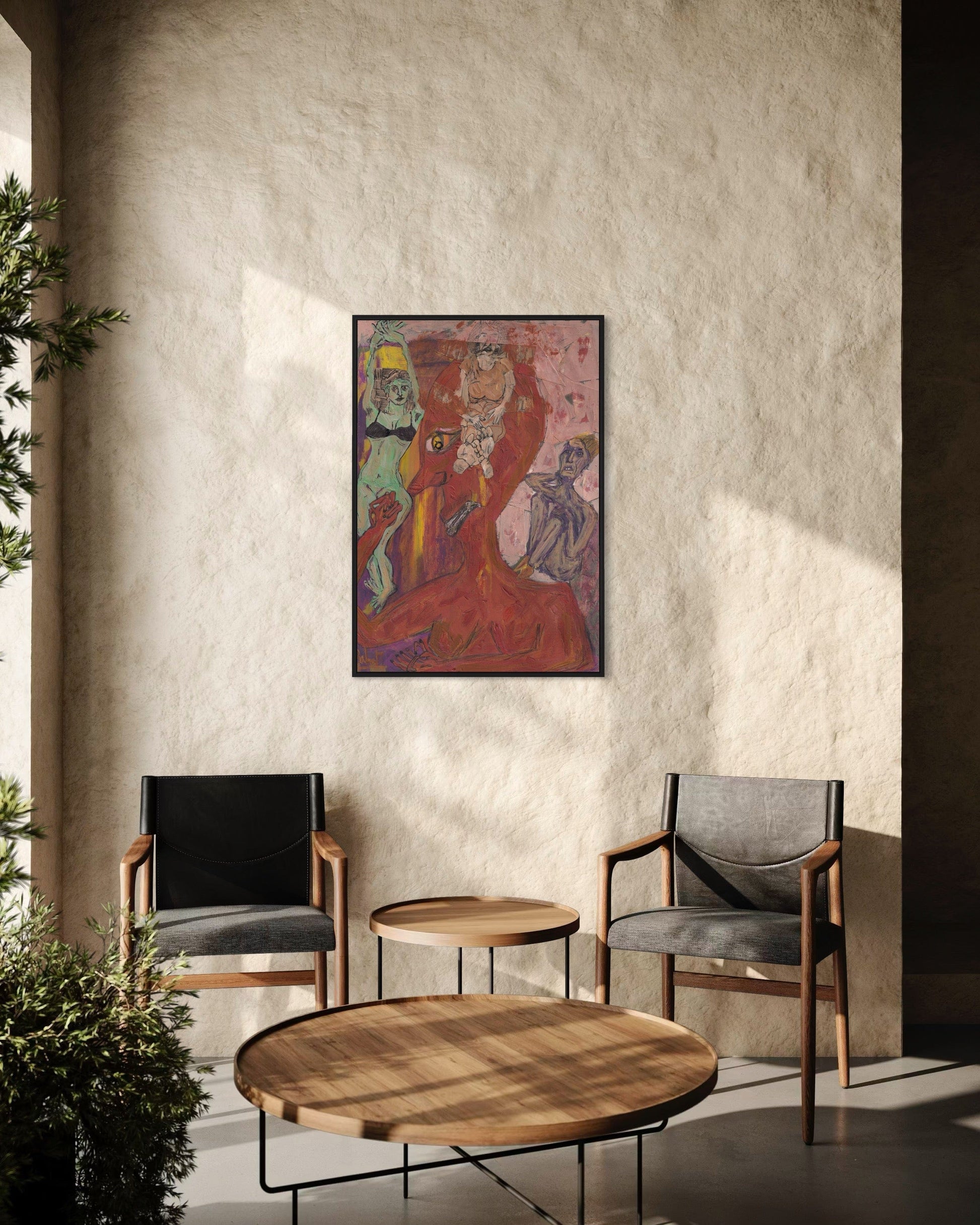 Modern living room with two chairs, a coffee table, and a colorful abstract painting on the wall.