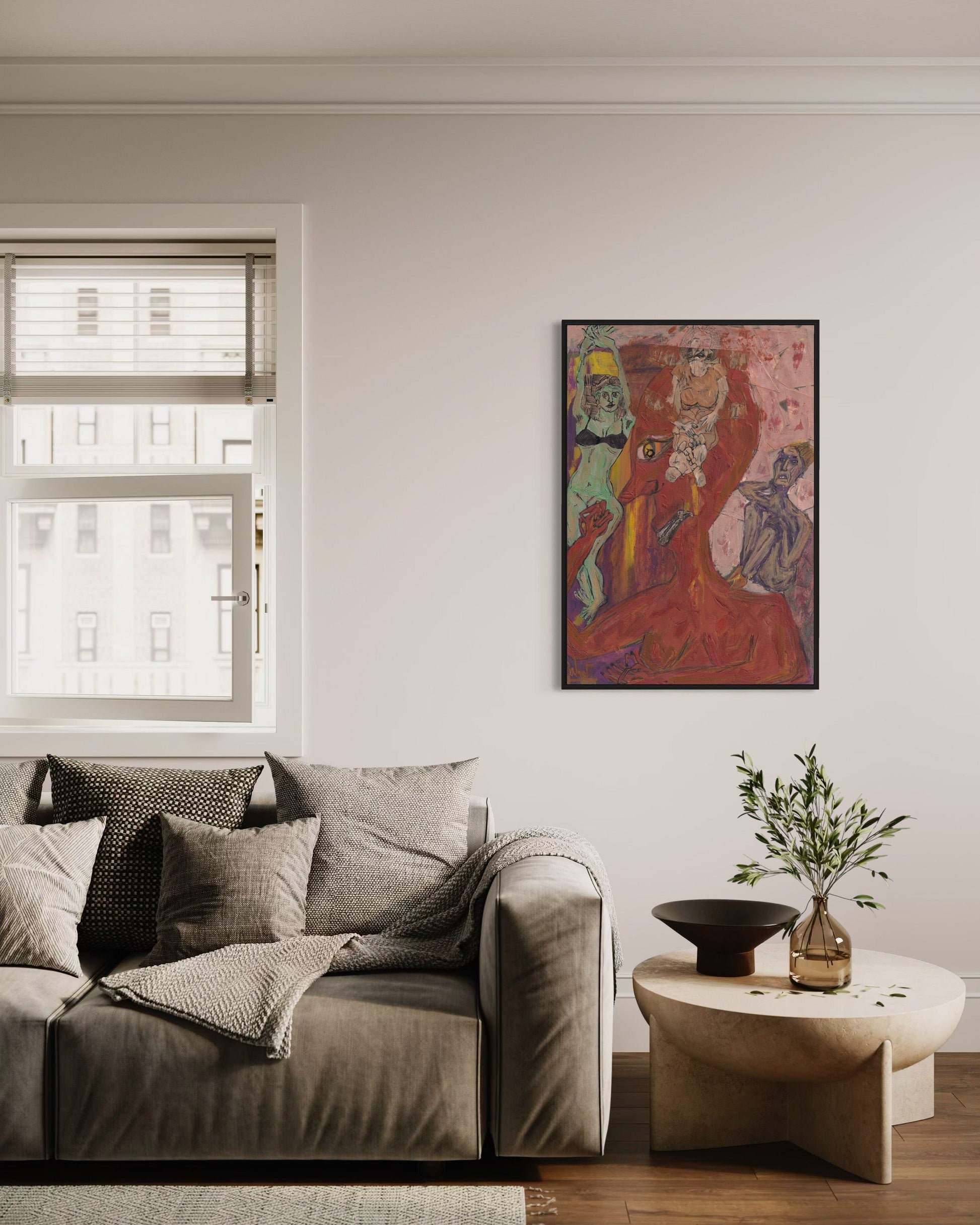 Living room with a gray sofa, colorful abstract painting, and small table with plants.