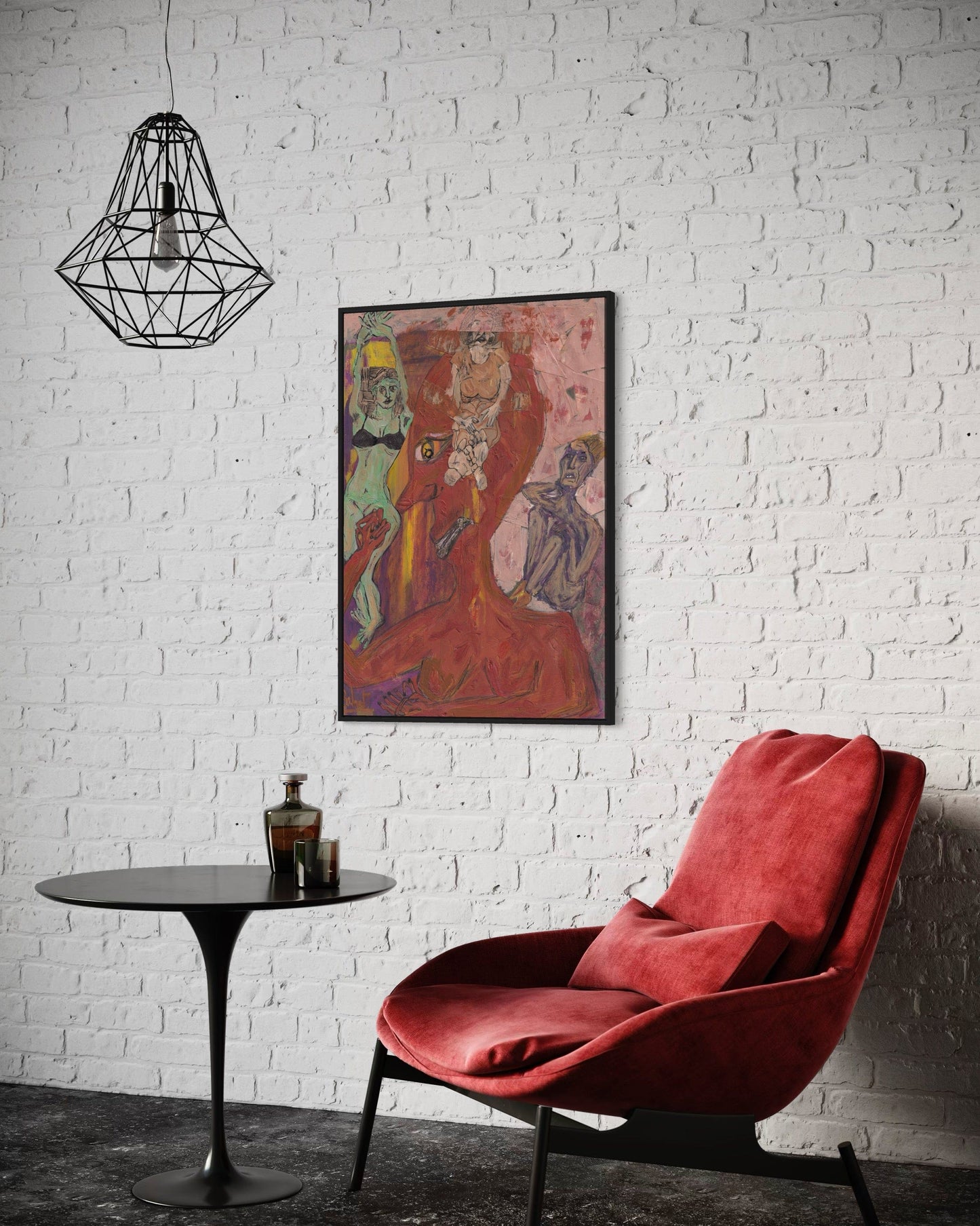 Red chair in a room with a white brick wall, a framed artwork, and a small table.