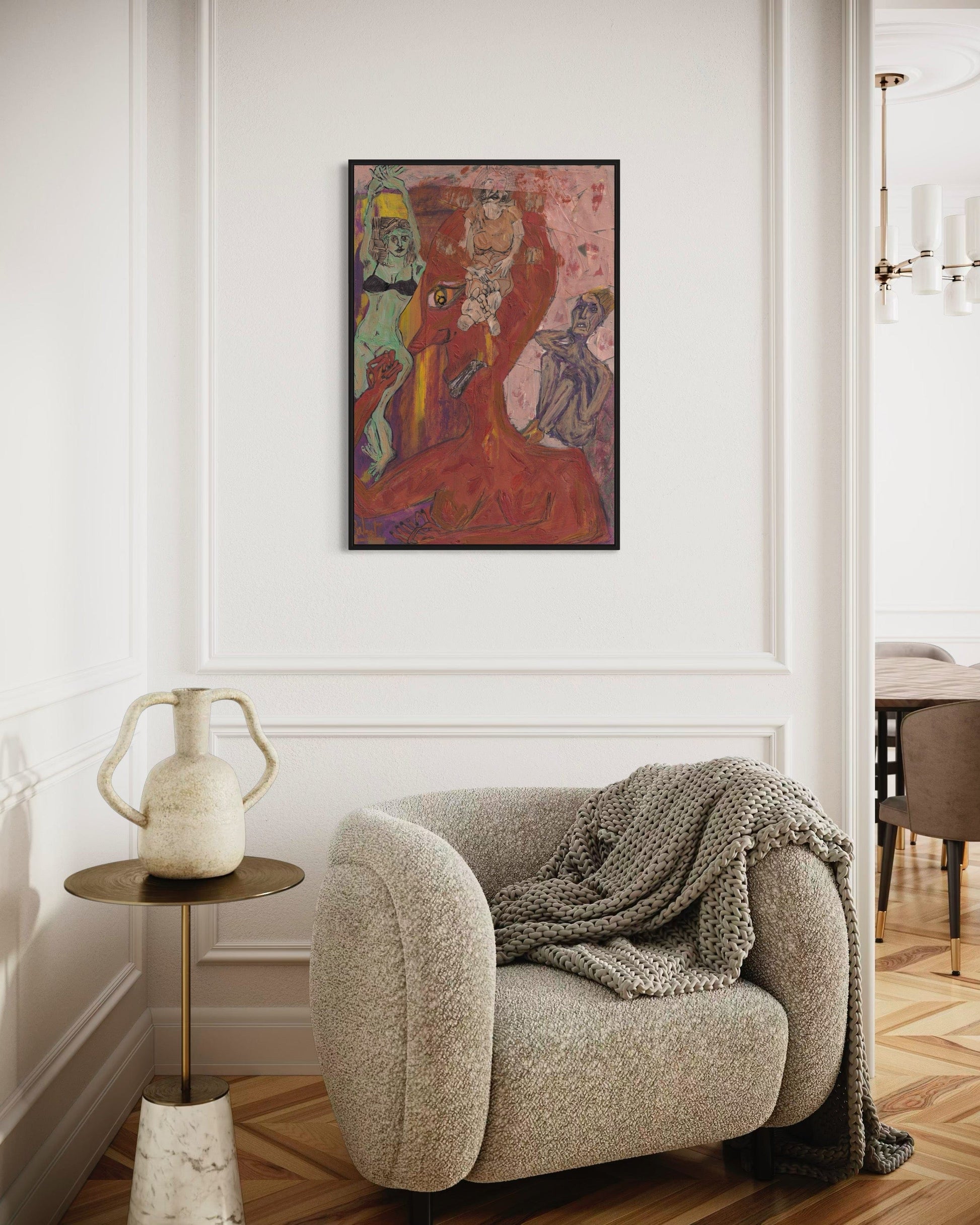 Modern interior with a textured armchair, side table, and colorful abstract painting on the wall.