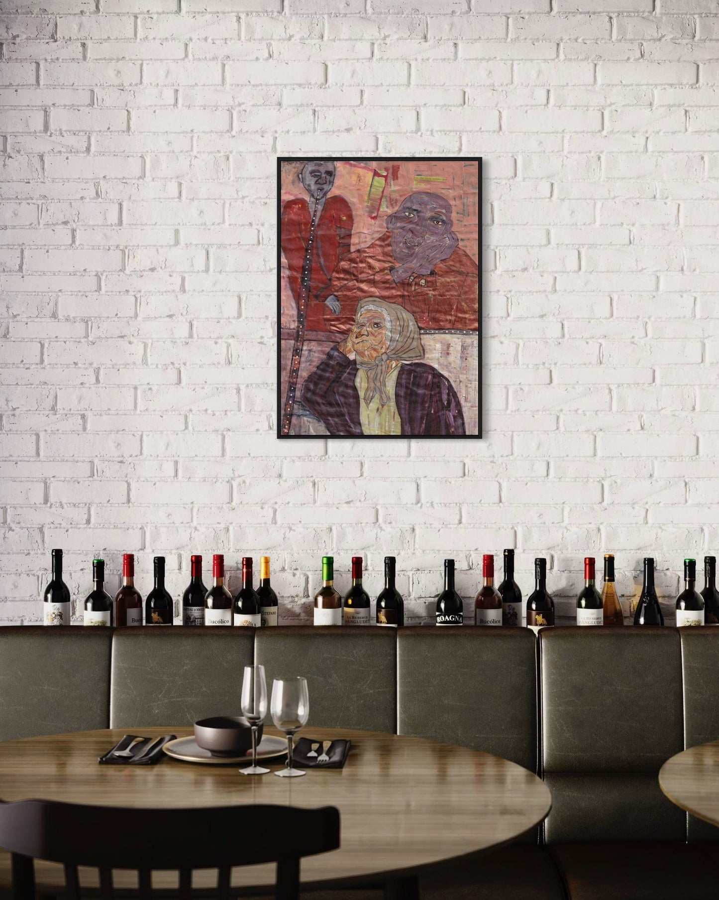 Artistic depiction of a woman with a red coat on a white brick wall above a row of wine bottles.