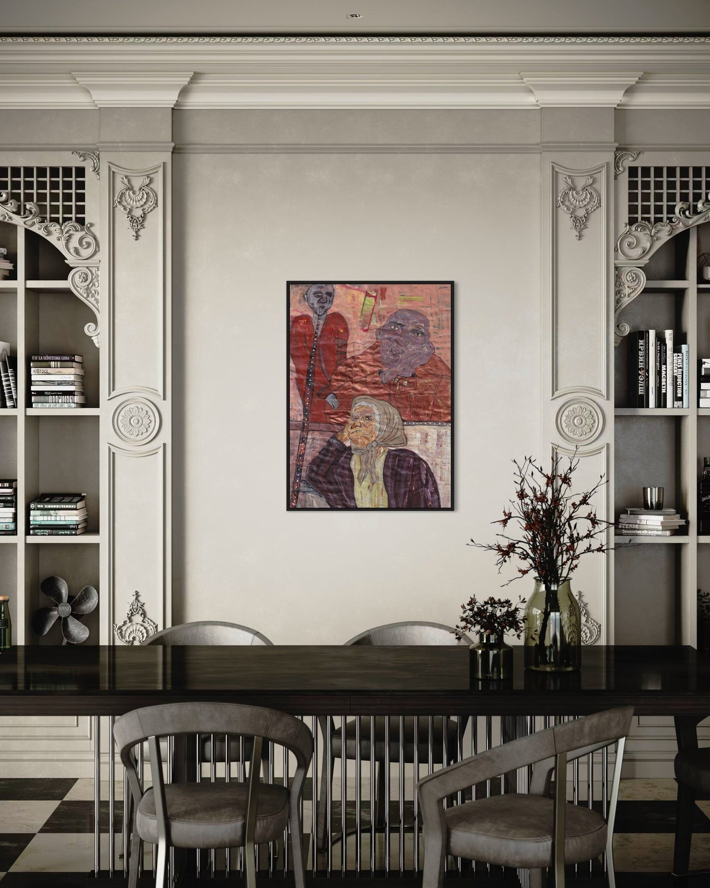 Dining room with a large abstract painting on the wall, wooden table, and chairs.
