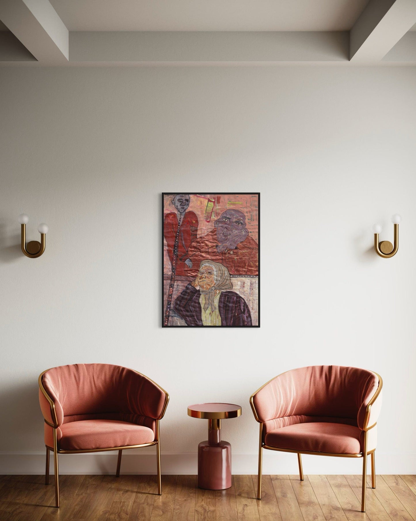 Two pink chairs with gold frames in a room with a colorful abstract painting on the wall.
