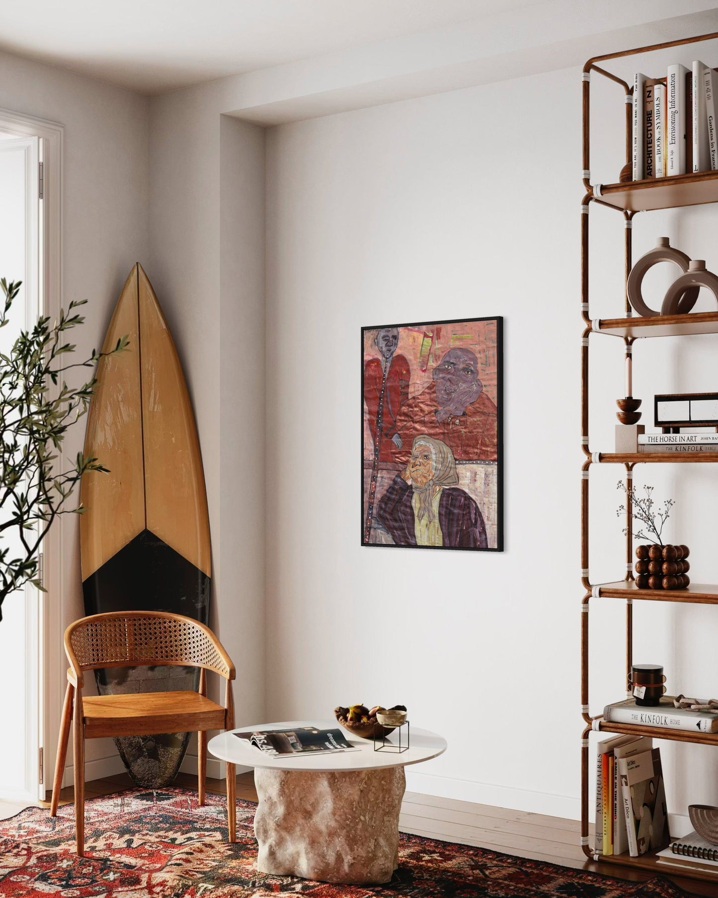 Modern living room with a bookshelf, chair, and abstract painting.