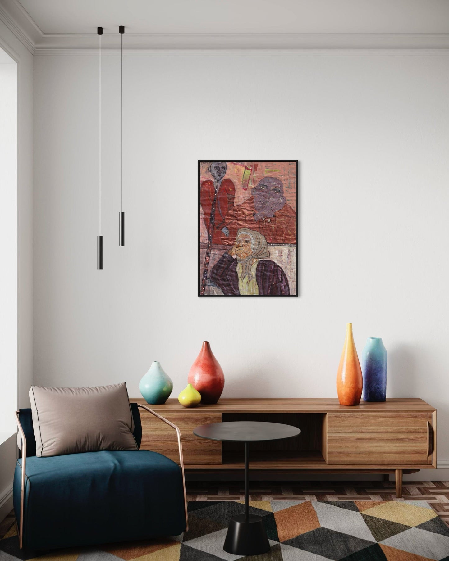 Modern living room with abstract art, colorful vases, and a wooden cabinet.