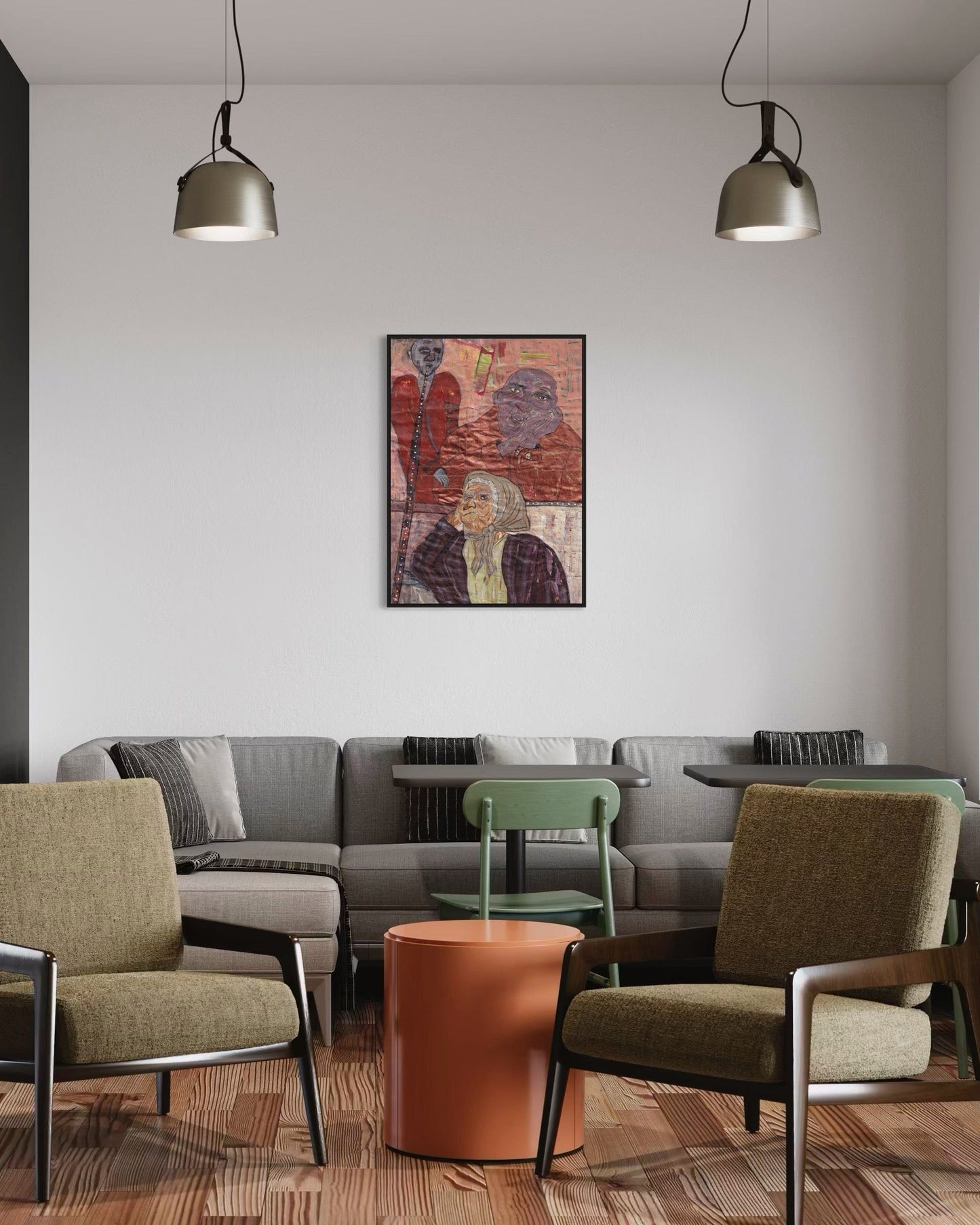 Modern living room with gray sofa, green chairs, and abstract art on the wall.
