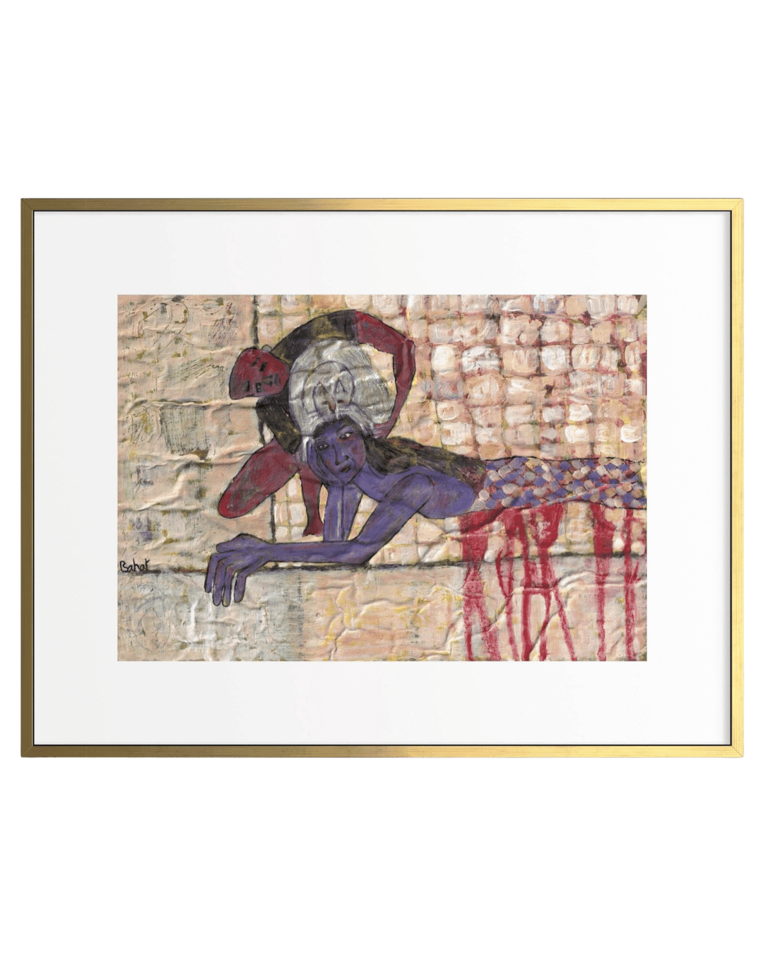 Framed artwork of a stylized figure against a textured wall background