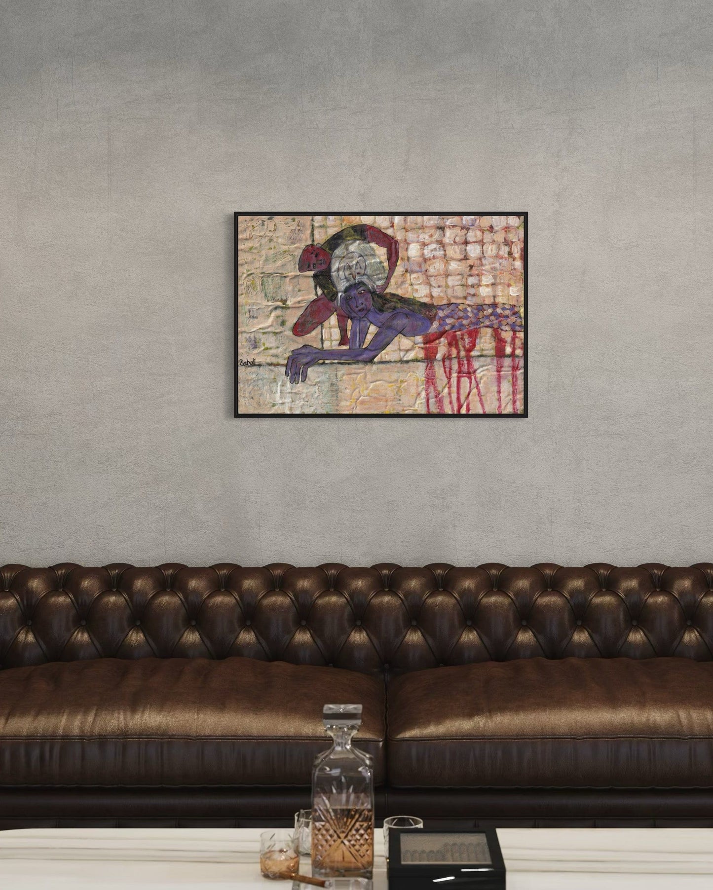 Abstract painting on a wall above a brown leather sofa