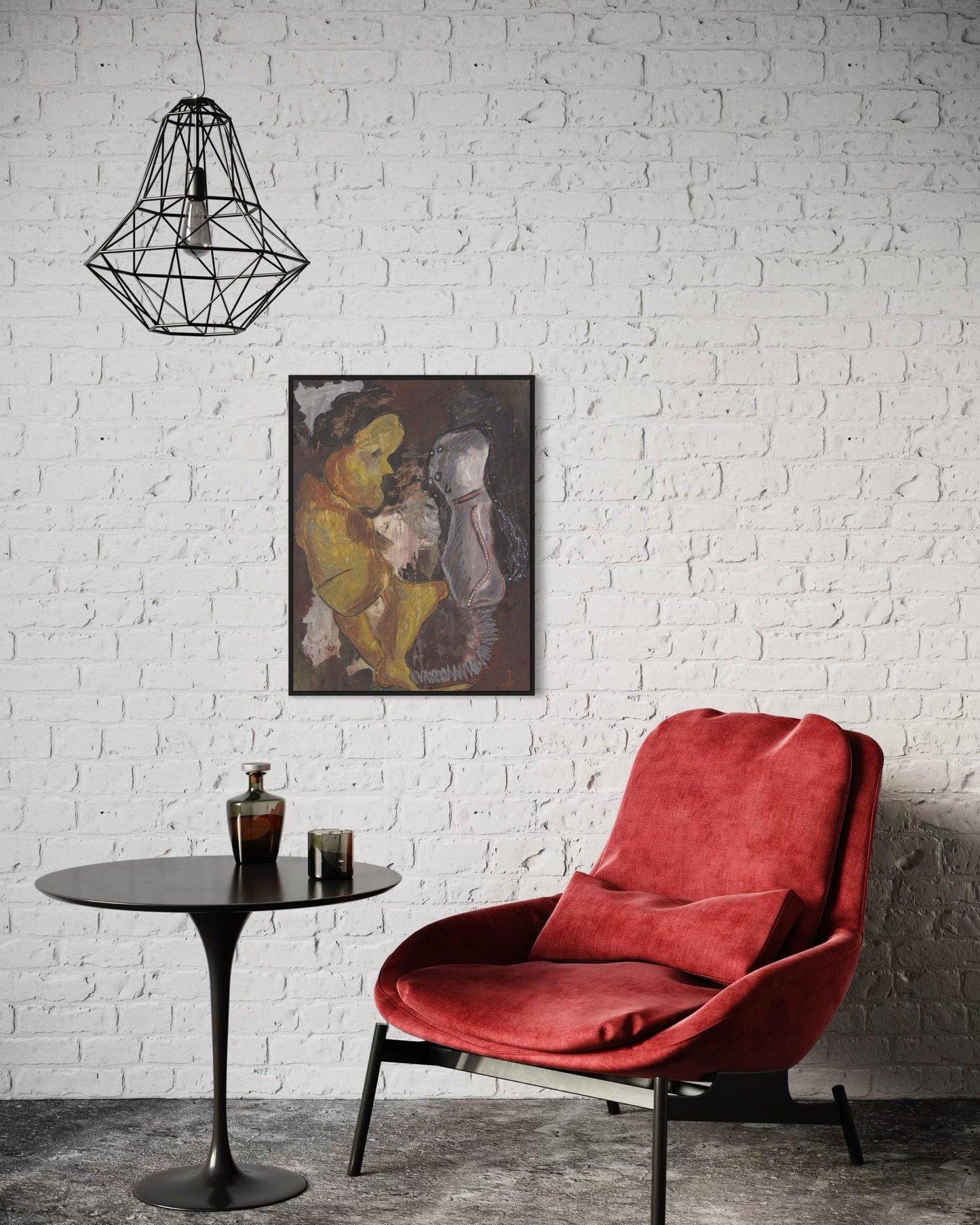 Red chair and small round table against a white brick wall with a painting above.