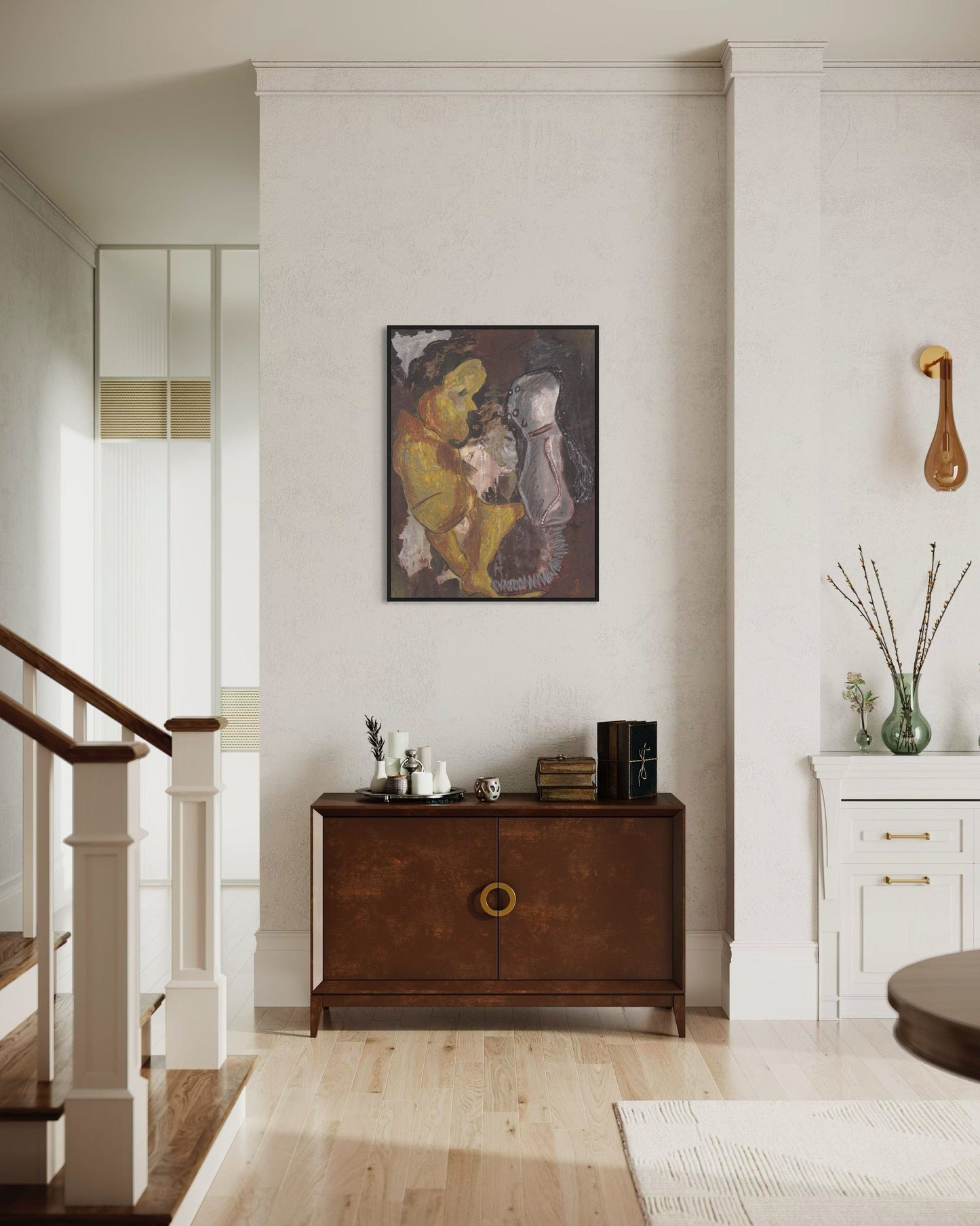 Staircase leading to an upper level with a wooden sideboard and decorative items in a room.