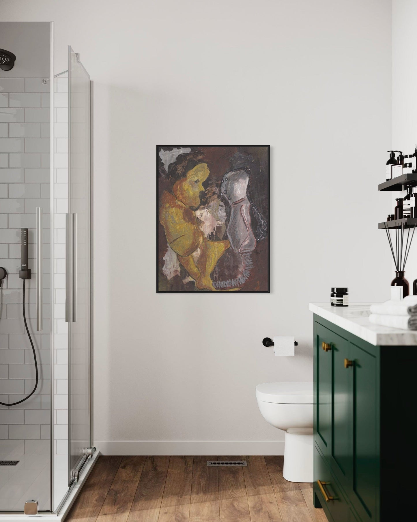 Bathroom interior with a painting on the wall, green cabinet, and toilet.