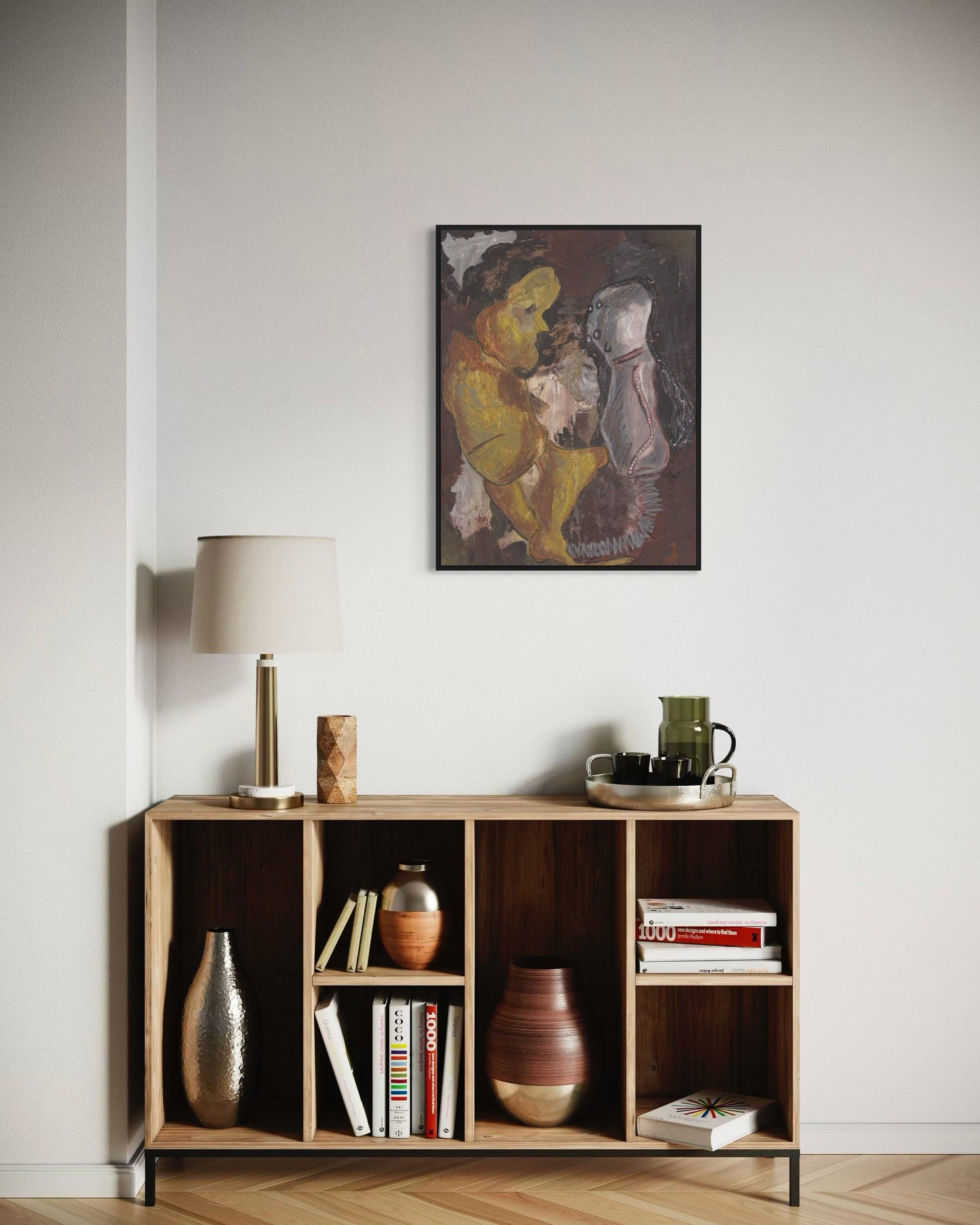 Wooden shelf with decorative items against a white wall with a painting above.