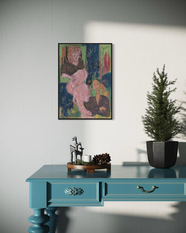 Teal desk with decorative items and a colorful abstract painting on a white wall.