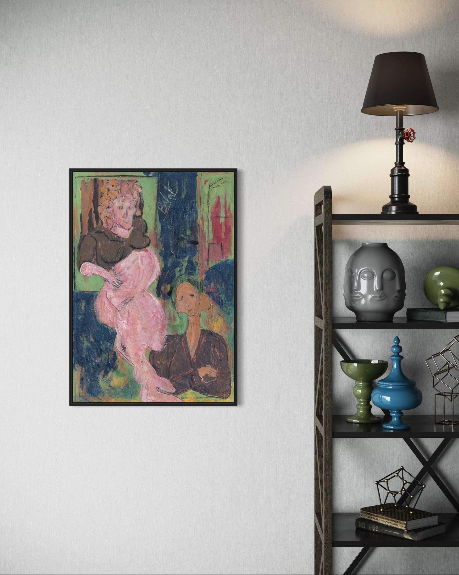 Framed abstract painting on a wall next to a shelf with decorative items