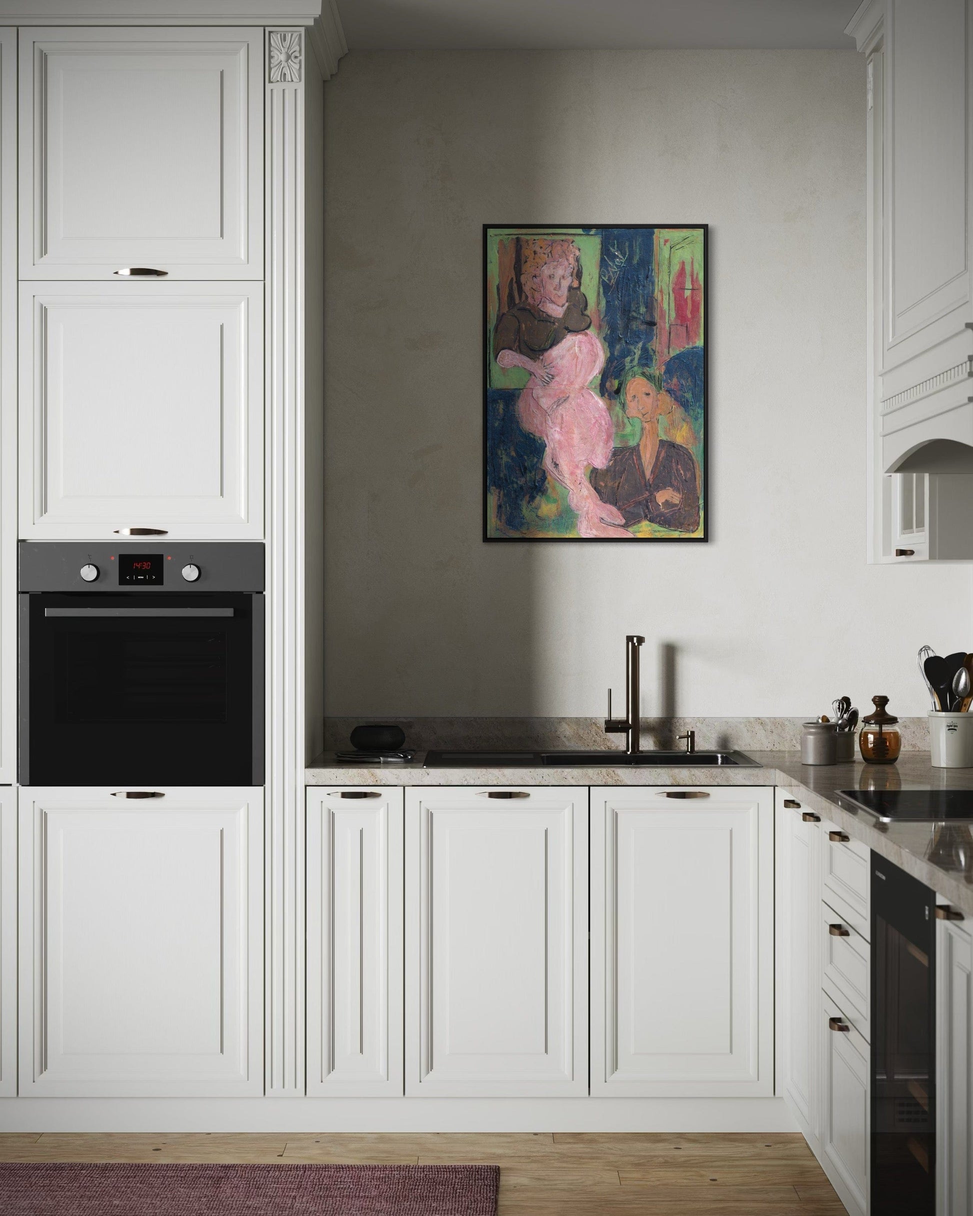 Modern kitchen with white cabinets, black appliances, and a colorful abstract painting on the wall.