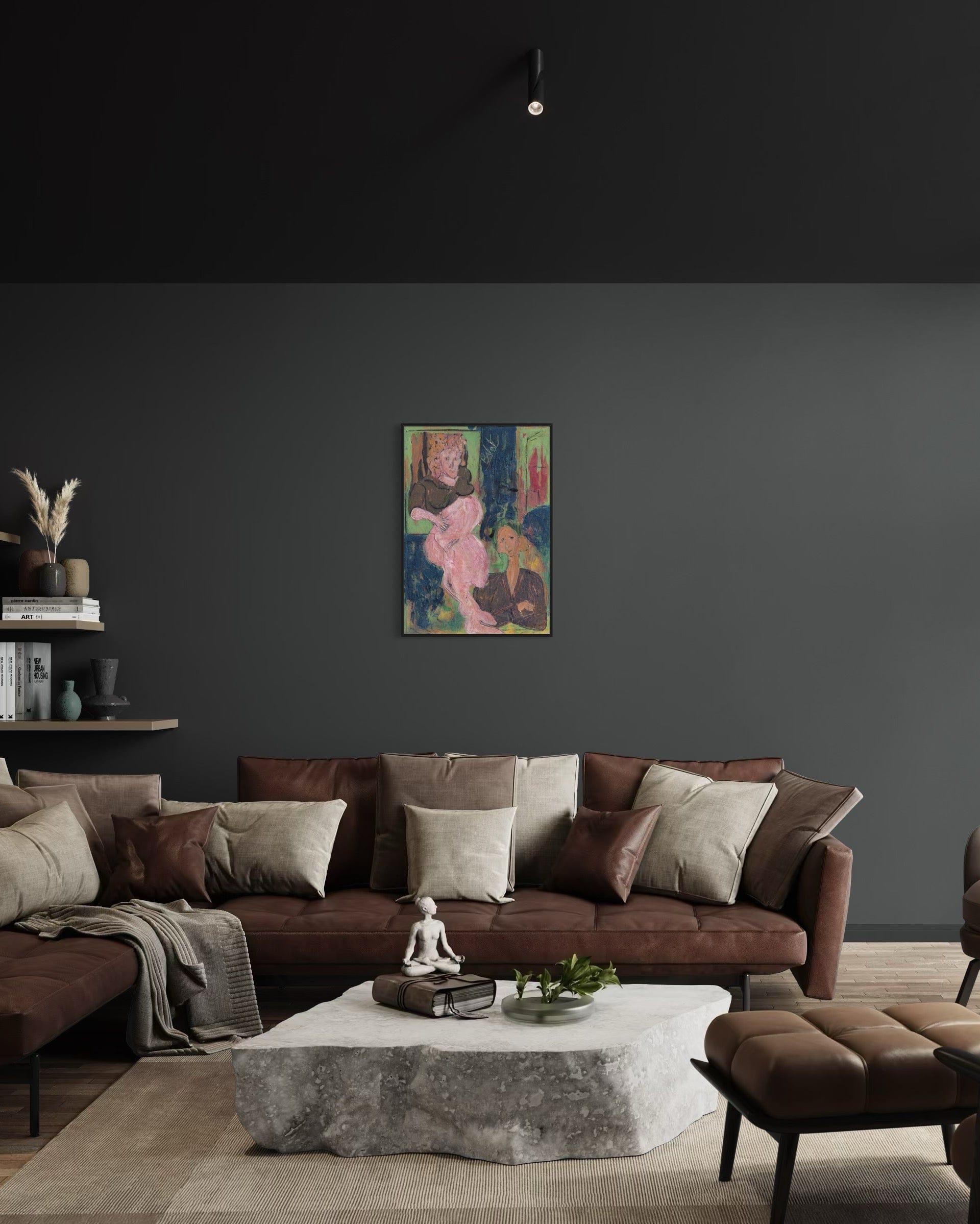 Modern living room with a brown sectional sofa, coffee table, and abstract painting on a dark gray wall.