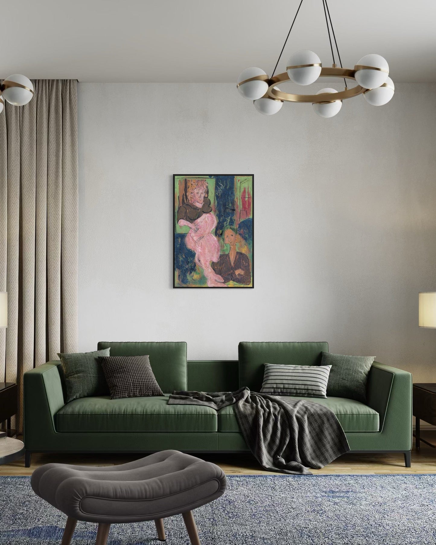 Modern living room with a green sofa, abstract painting, and decorative items.