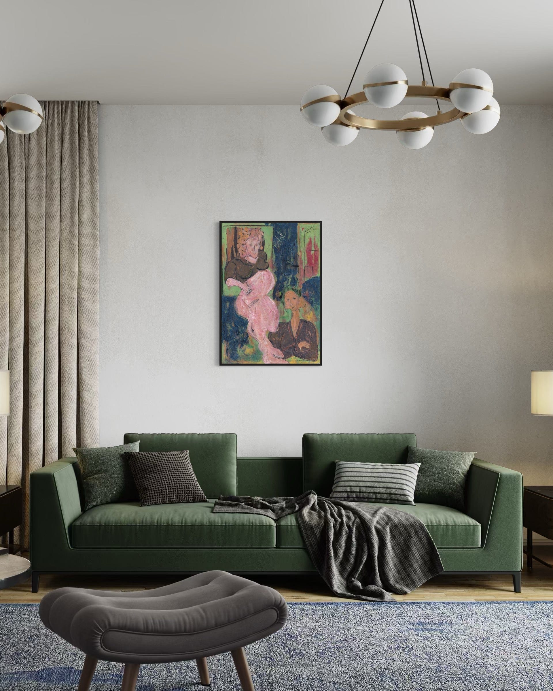 Modern living room with a green sofa, abstract painting, and decorative items.