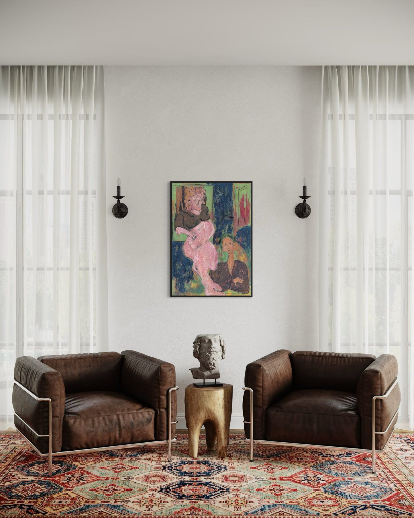 Modern living room with two brown leather chairs, a colorful abstract painting, and a decorative table.