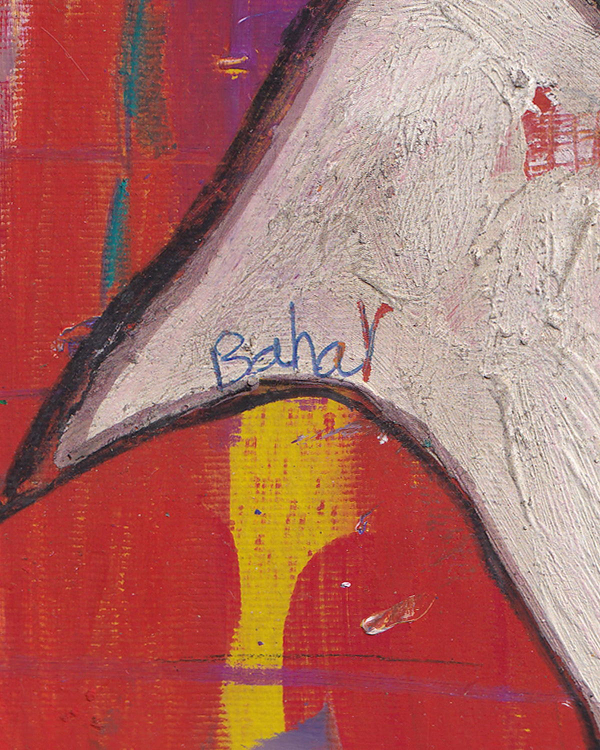 Abstract painting with a signature on a red background