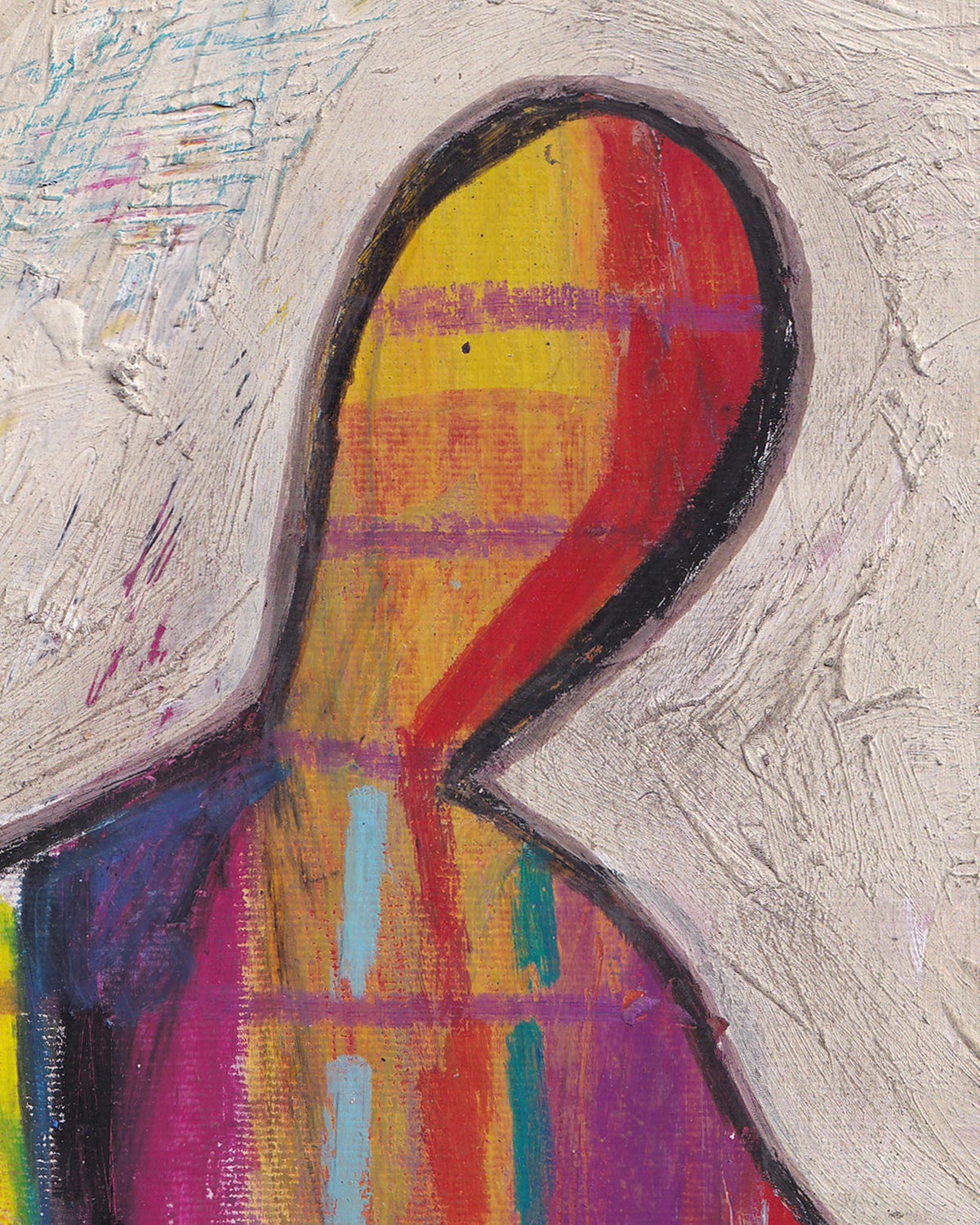 Abstract painting with a colorful, multicolored shape on a textured gray background