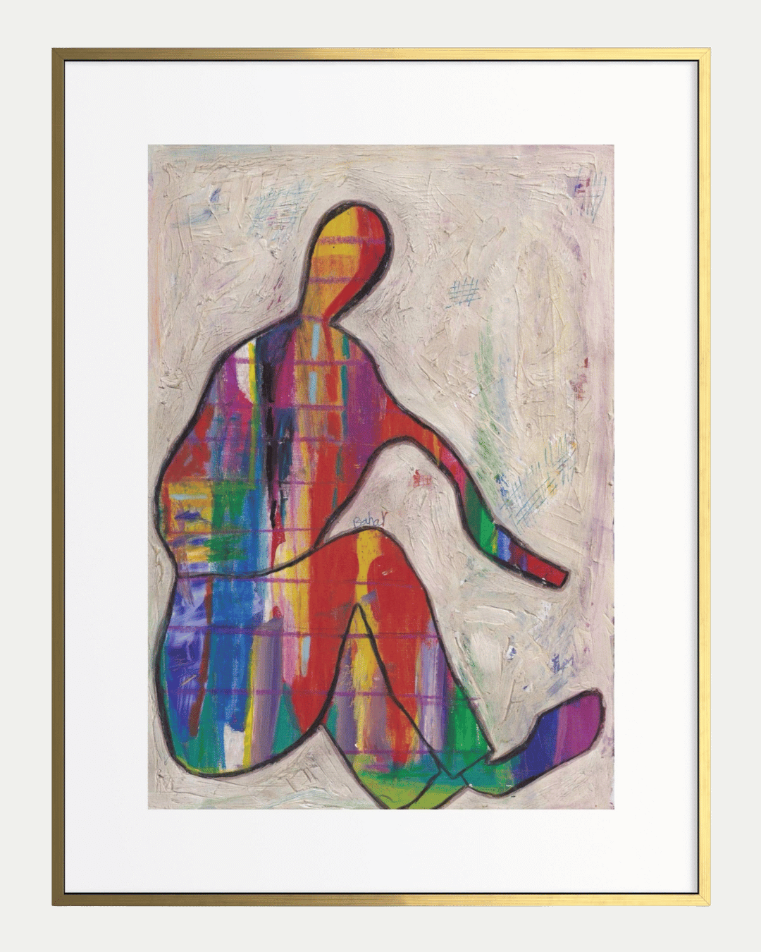 Abstract artwork of a colorful figure on a textured background