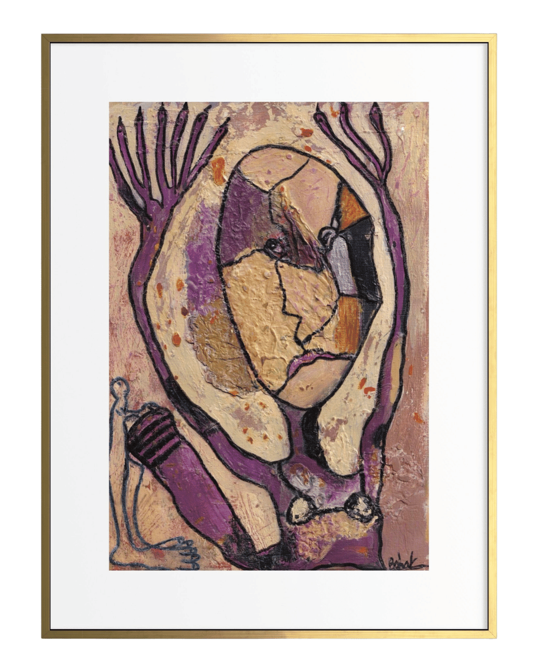 Abstract artwork with a central figure and surrounding elements on a white background