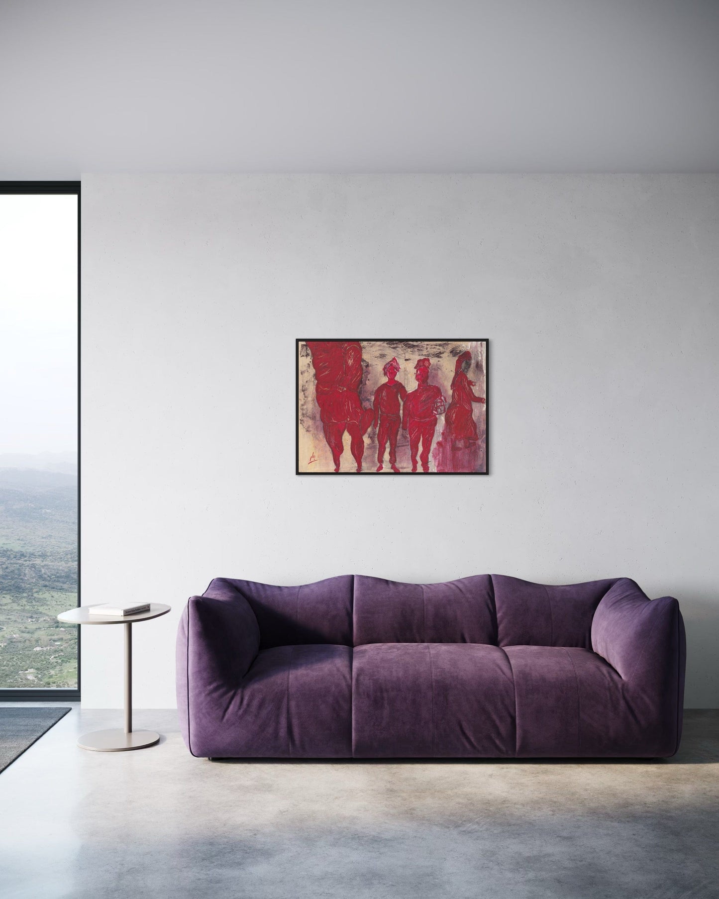 Purple sofa in a modern living room with abstract art on the wall
