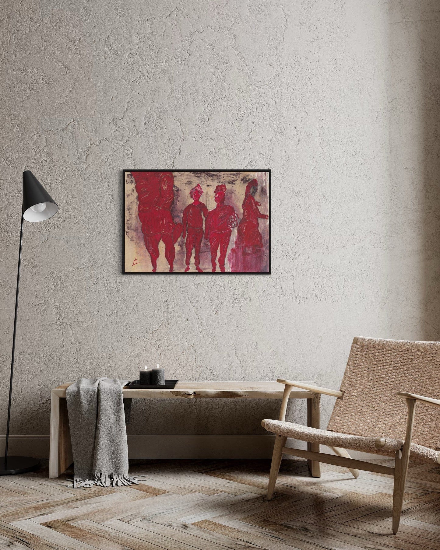 Living room with a textured wall, chair, lamp, and framed artwork.