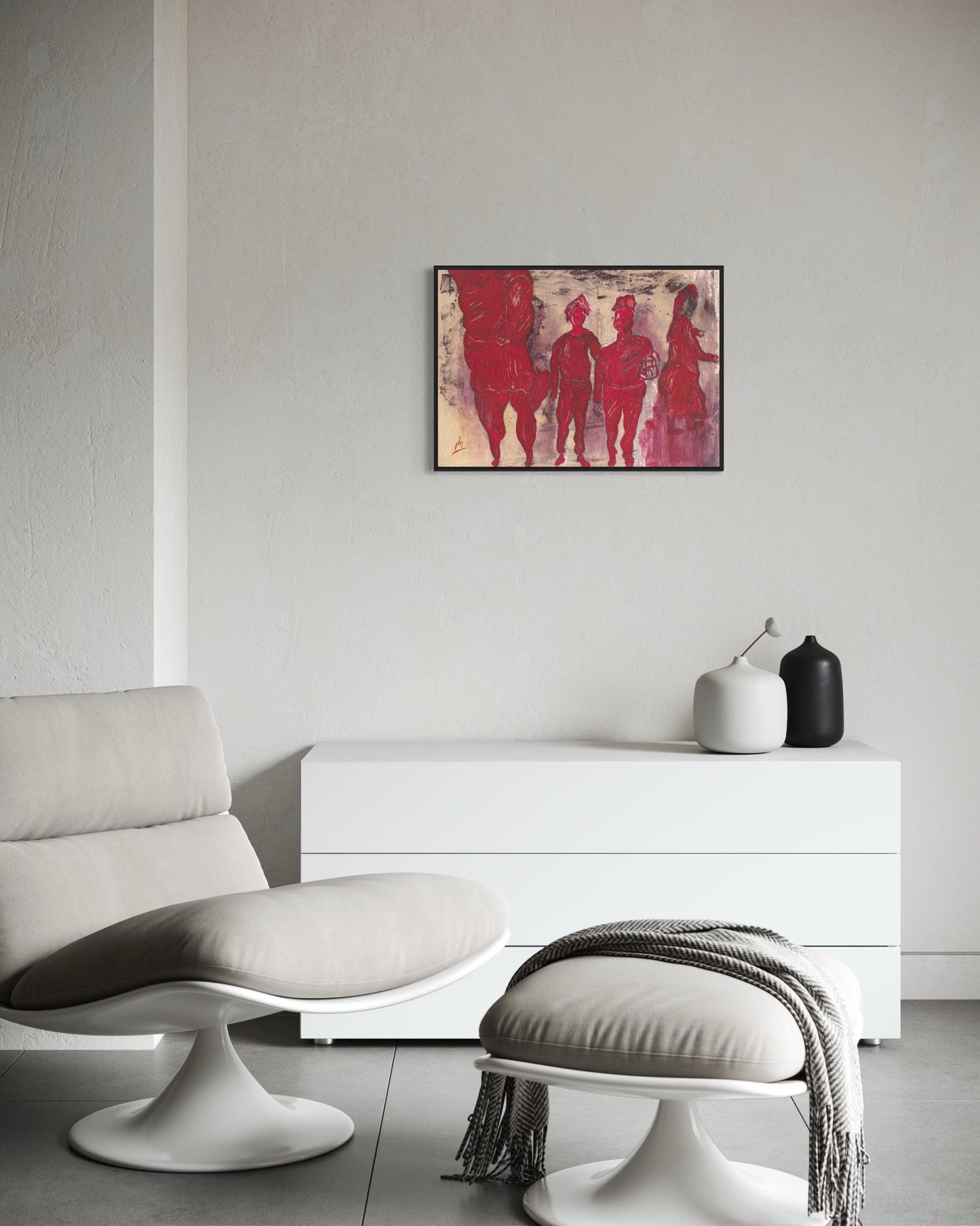 Modern living room with a white sofa, ottoman, and a white dresser against a gray wall with a red abstract painting.