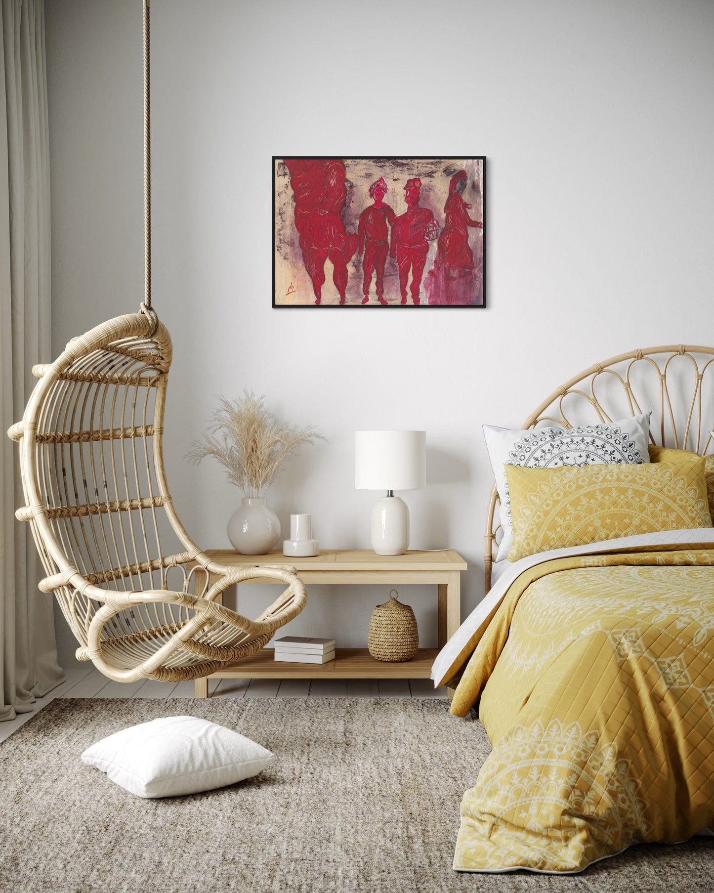 Modern bedroom with hanging chair, bed, and wall art